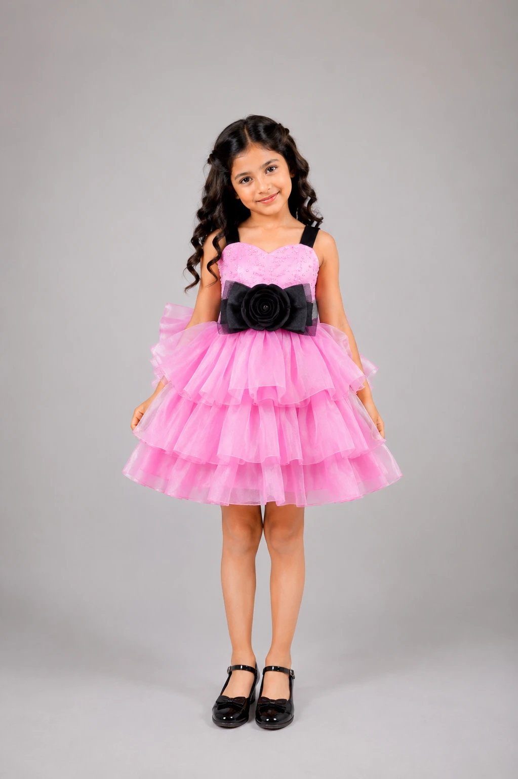 Pink Organza 3D Frock with Handmade Black Bow for Girls | Party Wear Dress