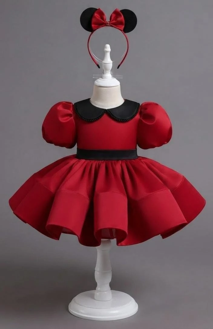 Scarlet Mouse-Inspired Satin Birthday Frock