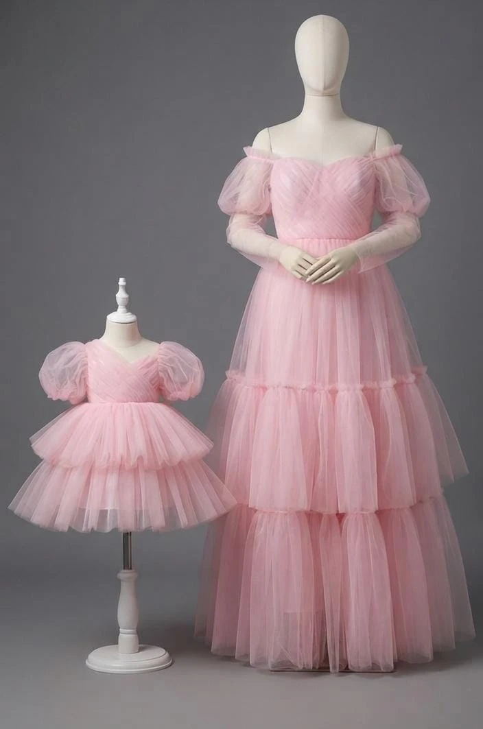 Mom & Me Combo: Soft Pink Off-Shoulder Tulle Mommy & Daughter Matching Dress Set
