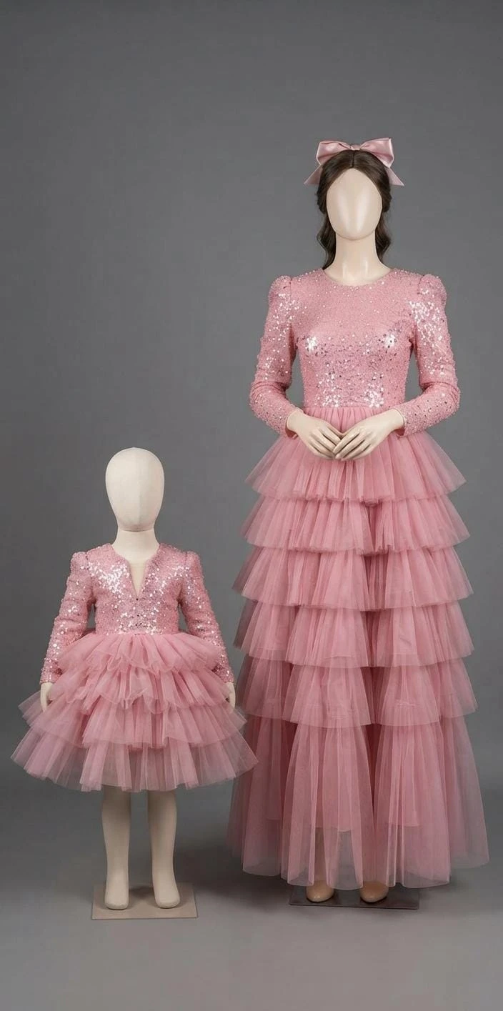 Mom & Me Combo: Pink Sequin & Tiered Tulle Mommy & Daughter Matching Outfit Set