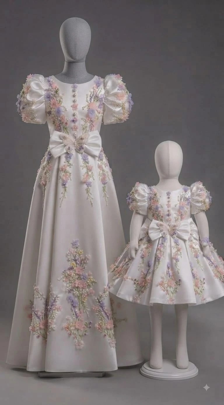 Mom & Me Combo: Ivory Satin Backless Floral 3D Embroidery Mommy & Daughter Set
