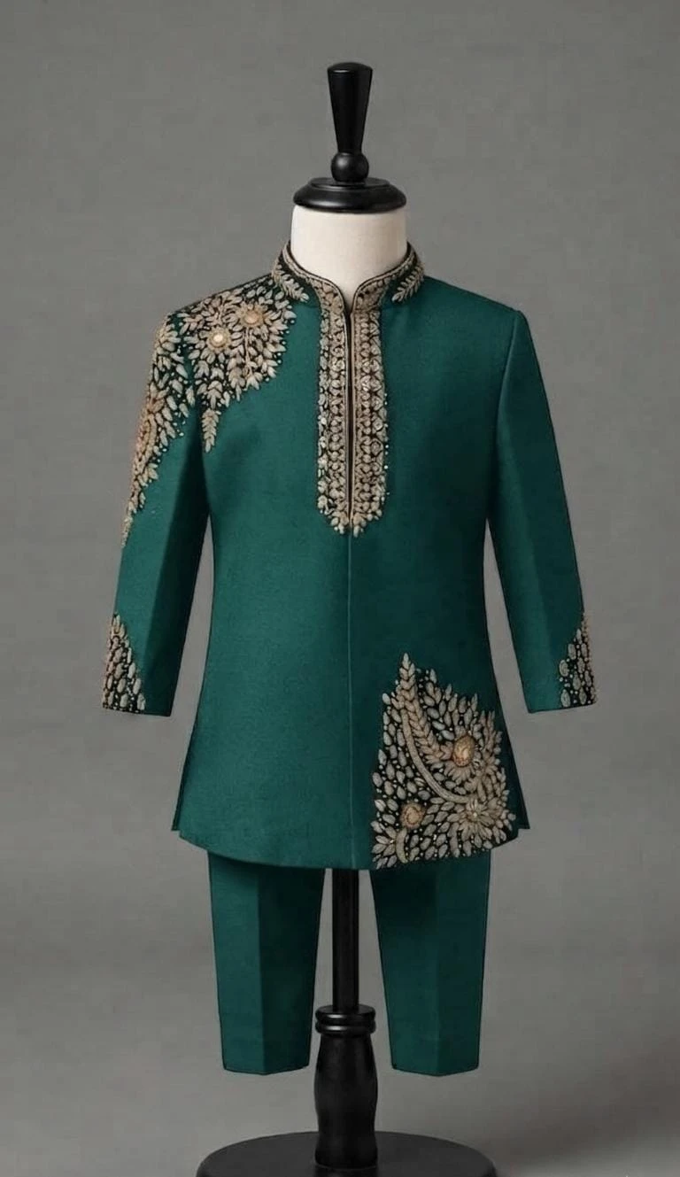 Emerald Green Asymmetric Embroidered Indo-Western Sherwani Set for Boys