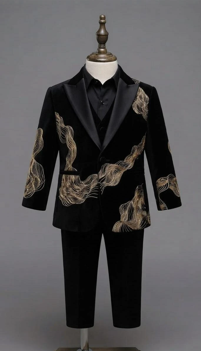Midnight Black Velvet Golden-Wave Kids Suit Set