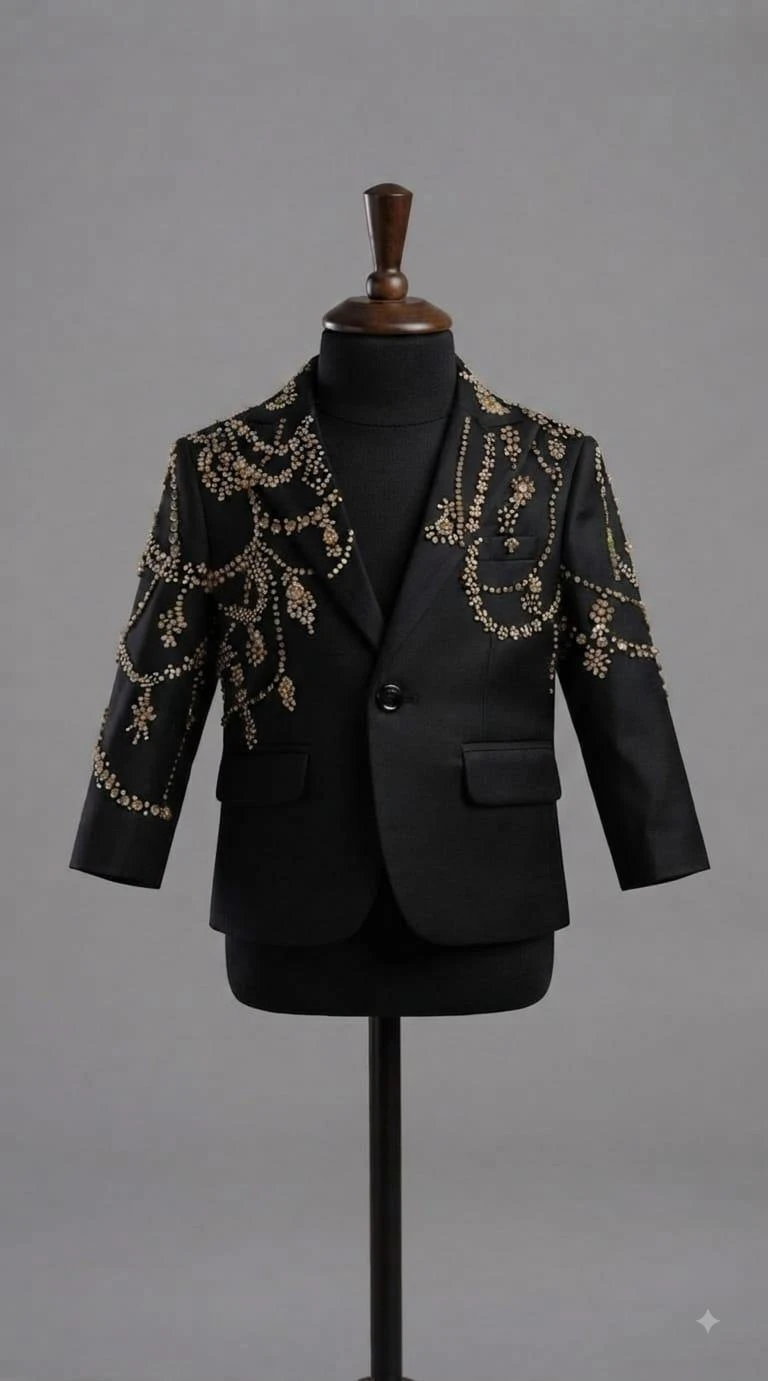 Classic Black Hand-Embroidered Crystal & Gold Tuxedo Blazer for Boys