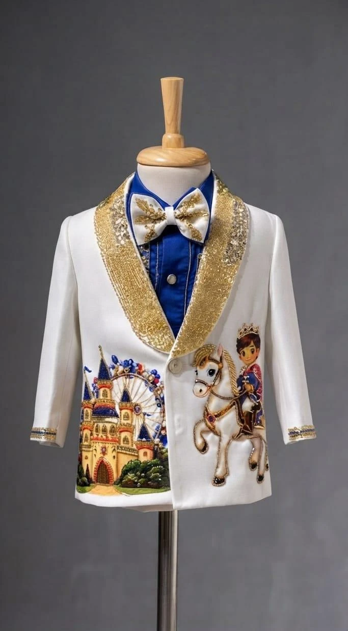 Personalized Royal Prince Theme Ivory & Gold 1st Birthday Tuxedo Suit for Boys