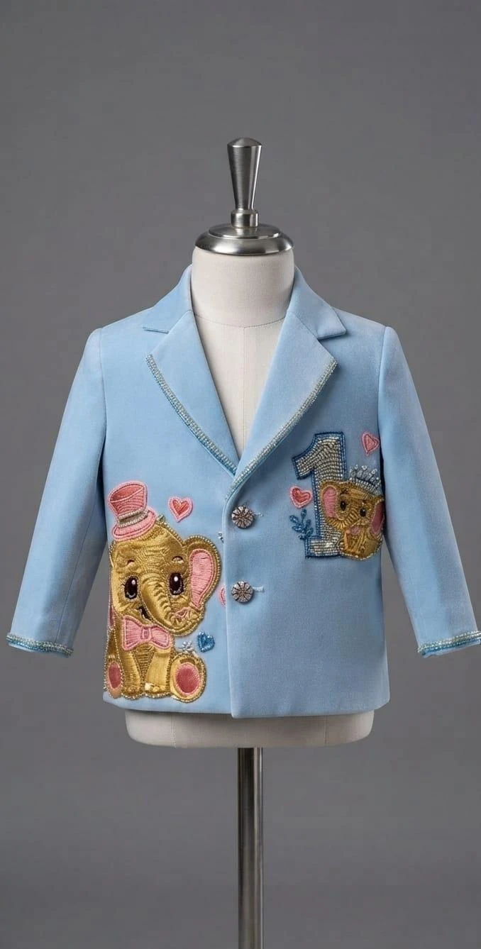 Personalized Powder Blue Elephant Theme 1st Birthday Velvet Suit Jacket for Boys